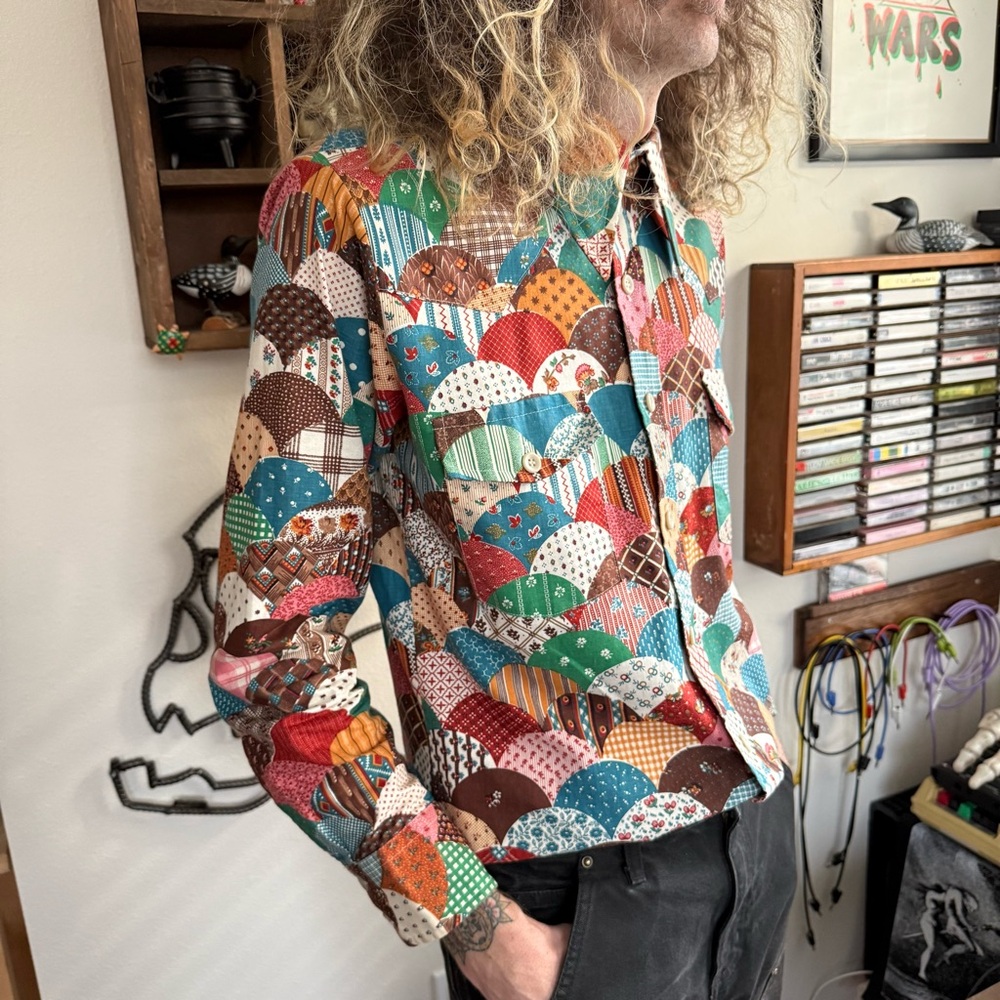 Vintage 70s Patchwork Dagger Collar Button Down W… - image 2